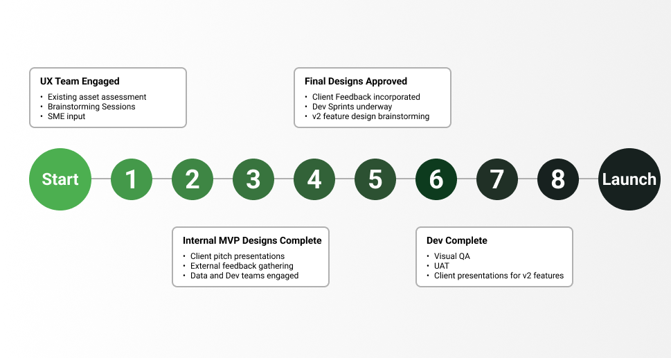 Timeline graphic detailing the 9-month project journey from discovery to launch.